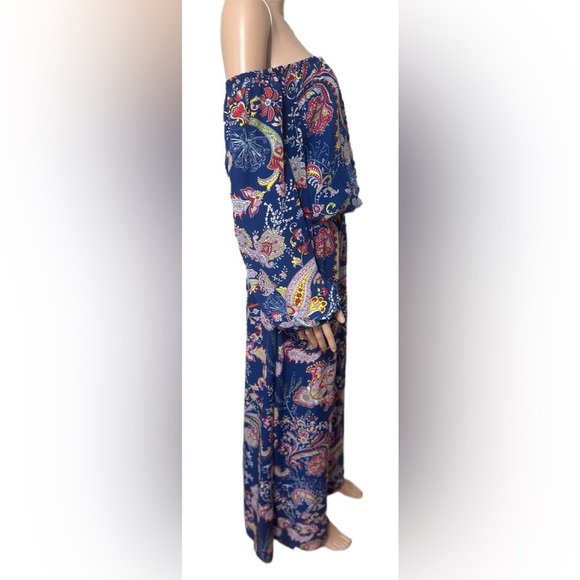 Bisou Bisou Michele Bohbot Dress 12 Off-Shoulder Boho Maxi Blue Paisley Chiffon - Picture 4 of 8